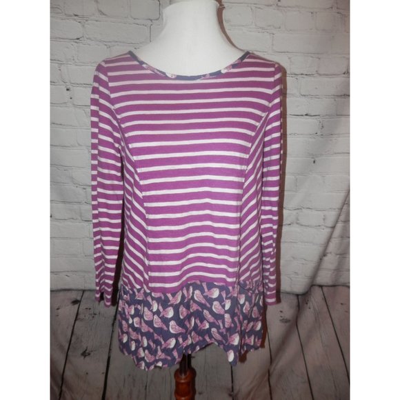 Postmark Anthropologie Fairly Purple Birds Medium Striped Top Tunic Pockets - Picture 1 of 5